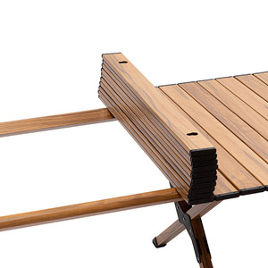 Table pliante d'extérieur en alliage d'aluminium, motif bois, rectangulaire, avec base à tréteaux, pour camping, barbecue, pique-nique - Product Image 4