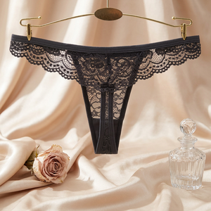 Tanga de nailon fino con encaje floral gris para mujer, diseño hueco, tiro bajo, sexy, lencería, bragas transpirables teñidas lisas OEM ODM - Product Image 4
