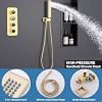 Système de douche à pluie double à 4 poignées, avec deux têtes carrées de 12 et 6 pouces, vanne inverseur à icônes lumineuses, douchette 2-en-1, finition or brossé, pour usage hôtelier