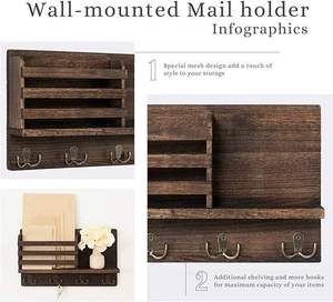 Factory Wholesale Double-Tier Wooden Key Holder Mail <b>Shelf</b> Wall Decorative Storage Hooks with 4 Keys Organ Display Rack - Product Image 4