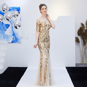 Eleganti <span class=keywords><strong>abiti</strong></span> lunghi da damigella d'onore a sirena con paillettes floreali con spalle scoperte <span class=keywords><strong>per</strong></span> le donne maglia a coda di pesce - Product Image 5