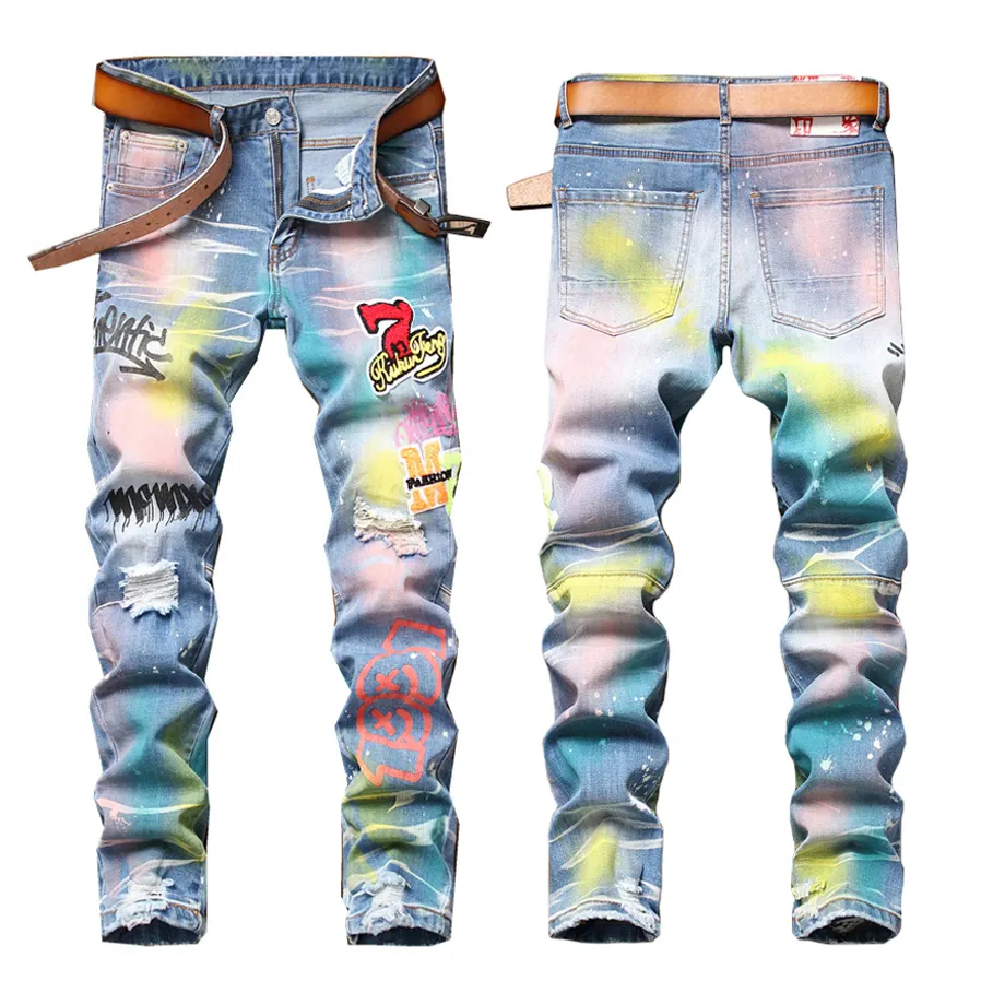 Jeans High Quality AeeDenim OEM ODM Custom Logo Ripped Patch Paint Multi-color Men's Foreign Trade Elastic Small Straight Denim Jeans