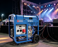 Générateur diesel portable Yuchai 7 kW, 8 kW max, démarrage électrique, 230 V/400 V, châssis ouvert, silencieux, 50/60 Hz, AVR, roues, YC7GF-3
