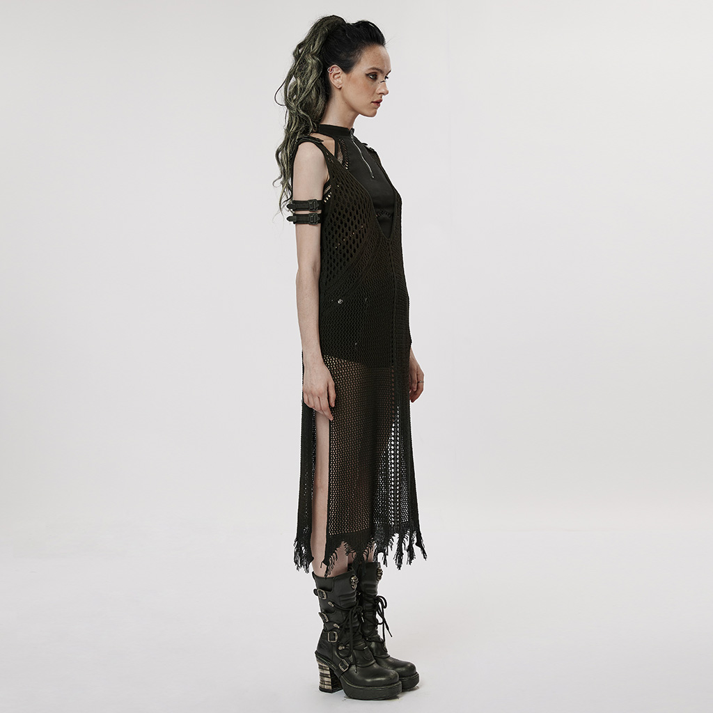 Punk Rave WQ-631LQF 2023 women sexy large V-neck the post-apocalyptic techwear style knitted hollow out one-piece vest dress