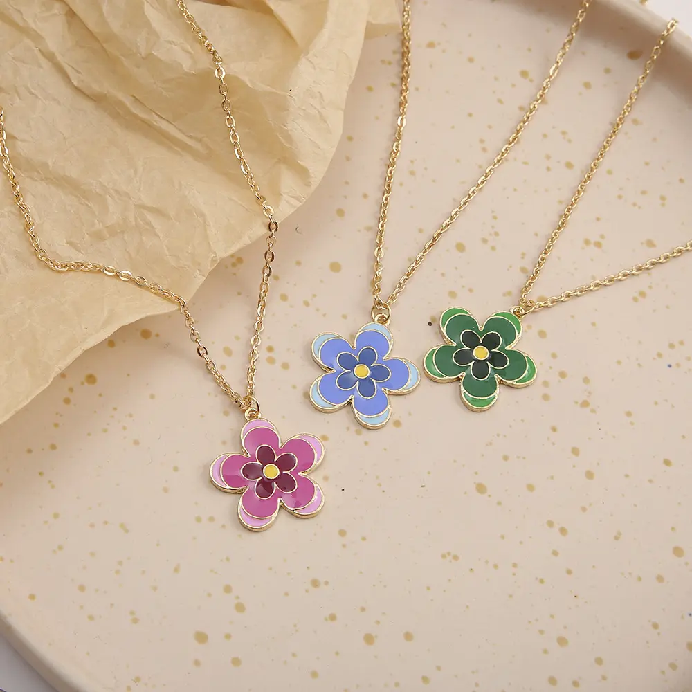 Colorful Enamel Gold Over Pressed Flower Pendant Stainless Steel Necklace Minimalist Fashion Jewelry