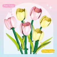 JIESTAR Puzzle 3D Kreatif DIY Bunga Tulip Plastik Buatan Buket Tanaman Pot Vas Dekorasi Rumah Hadiah Valentine