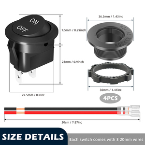 <span class=keywords><strong>Interrupteur</strong></span> à bascule rond <span class=keywords><strong>12</strong></span> V <span class=keywords><strong>interrupteur</strong></span> marche/arrêt <span class=keywords><strong>12</strong></span> <span class=keywords><strong>volts</strong></span> DC cercle <span class=keywords><strong>interrupteur</strong></span> à bascule 2 broches SPST 15A/250V 20A/125V AC 20MM avec fils - Product Image 2