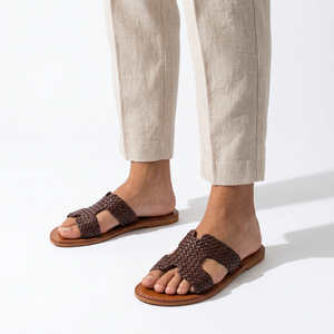 Comfortable Woven Genuine Leather Flat <b>Sandals</b> Open Toe Slip-On Breathable Beach Style <b>Brown</b> Insole - Product Image 3
