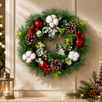 Karangan Bunga Natal Buatan Berlapis Es dengan Bola Kapas, Buah Pinus, dan Hiasan Bola Beri Merah, Tahan Lama, Dapat Digunakan Kembali, Dekorasi Dalam & Luar Ruangan