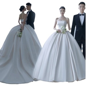 Strapless Ball Gown Wedding Dress Satin Natural Waistline Long Train Korean Style Simple Elegant Studio Photoshoot Outfit - Product Image 5