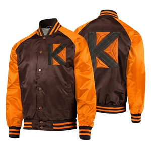 Chaqueta Universitaria de Satén Blanca y Marrón para Hombre con Logotipo K Bordado, Chaqueta Unisex Personalizada con Letras de Poliéster - Product Image 6