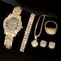 LP09 Montre à quartz tendance pour femme, collier, bracelet, bague, chaîne en acier inoxydable, cadran en verre, boucles d'oreilles en alliage, ensemble
