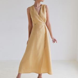 ชุดเดรสผ้าลินิน 100% แขนกุด คอวี เอวสูง ความยาวปานกลางสำหรับผู้หญิง - Product Image 2