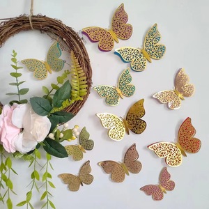12 pièces/ensemble Autocollants muraux papillons 3D double couche colorés creux auto-adhésifs pour mariage, anniversaire, fête, décoration intérieure - Product Image 1
