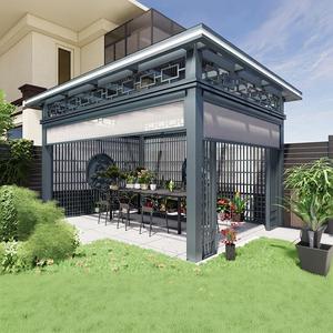 Estructura de aluminio marrón para exteriores con persianas, iluminación LED, cortinas de privacidad, diseño moderno, impermeable, resistente al viento, para jardín, patio, patio trasero - Product Image 2