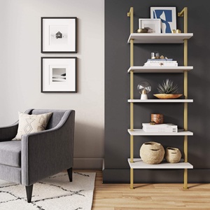 Libreria a Parete Moderna Nordica a 5 Ripiani in Legno e Metallo, Scaffale Galleggiante a Scala - Product Image 6