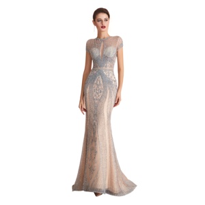 Ruolai OEV-L4209 Abito <span class=keywords><strong>da</strong></span> Sera Formale <span class=keywords><strong>da</strong></span> Donna con Ricche Applicazioni di Perline e Paillettes, Maniche Corte, Nero, Vestito <span class=keywords><strong>da</strong></span> Festa - Product Image 1