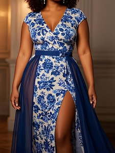Vestido Maxi Vintage de Porcelana Azul y Blanca para Mujer |   Conjunto Casual de Verano, Natural, Elegante, Holgado, de Cintura Alta, Tejido y Fluido - Product Image 2
