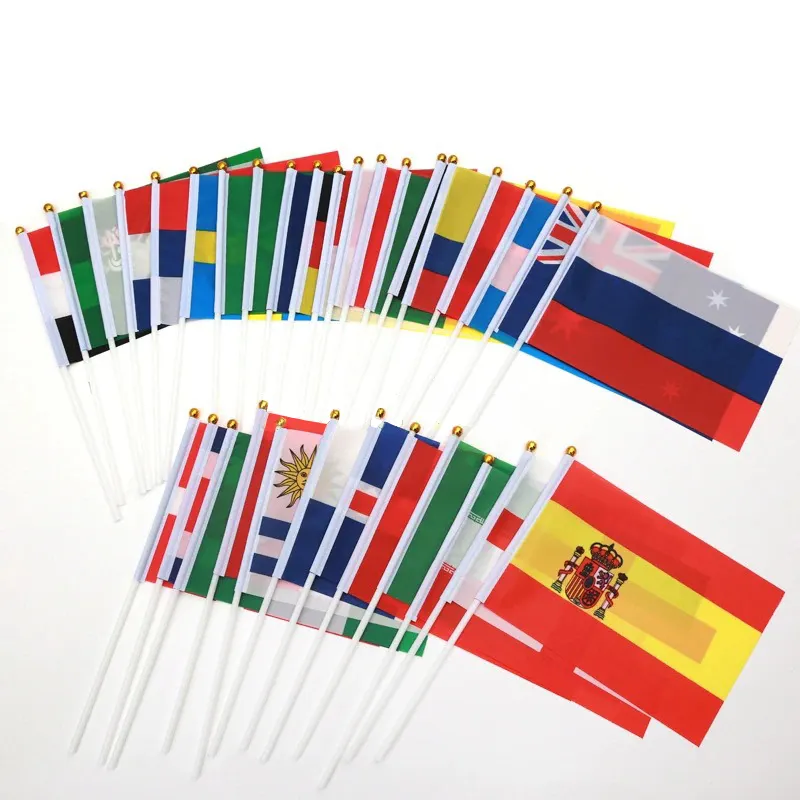 Vente d'usine petit drapeau de bâton miniature support imprimé personnalisé drapeau agitant à main publicitaire avec poteau en plastique