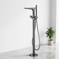 Robinet de baignoire sur pied à double poignée, rond, doré, avec douchette à main, ensemble de douche thermostatique pour salle de bain