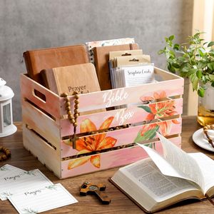 Boîte de rangement décorative <span class=keywords><strong>en</strong></span> pin poli imprimé pour la Bible, avec poignées découpées, boîte à livres de prière à lattes, cartes religieuses pour l'Église - Product Image 3