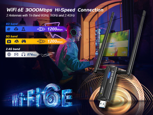 Adaptador Inalámbrico USB WiFi 6E AX3000, Tri-Banda 2.4G/5G/6G, Chipset MTK7921, Dongle de Red de Alta Velocidad <span class=keywords><strong>para</strong></span> <span class=keywords><strong>Juegos</strong></span>, <span class=keywords><strong>para</strong></span> Computadora de Escritorio y Portátil - Product Image 2