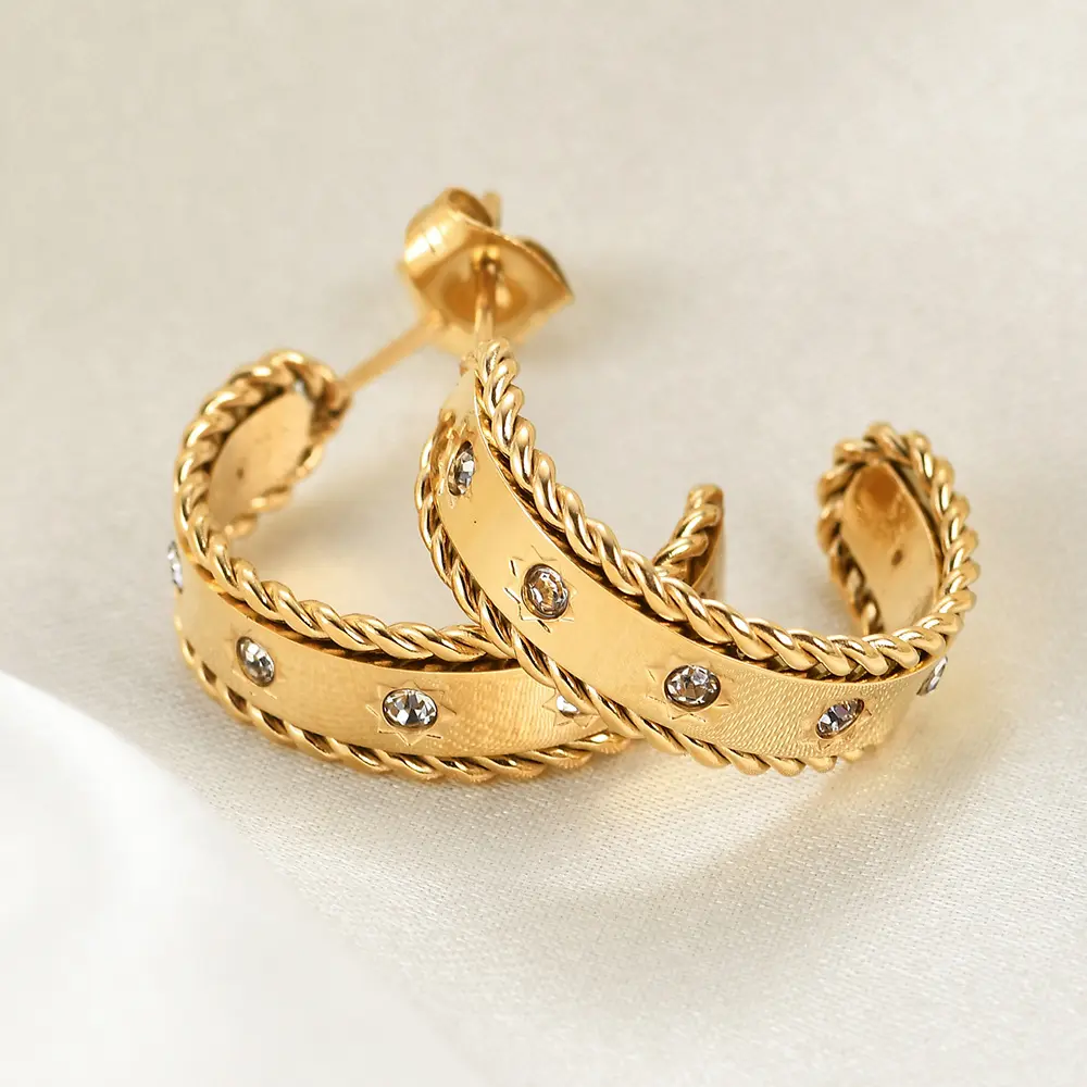 Stainless Steel Cubic Zircon Twisted Wide Chunky Hoop Earrings 18k Gold Plated Earrings Statement Jewelry