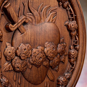 Plaque ovale <span class=keywords><strong>en</strong></span> <span class=keywords><strong>bois</strong></span> Immaculate Heart of Mary, disque <span class=keywords><strong>en</strong></span> relief sculpté à la main avec couronne de roses, décoration murale dévotionnelle catholique - Product Image 5