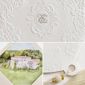Ensemble de cartes d'invitation de <span class=keywords><strong>mariage</strong></span> personnalisées avec <span class=keywords><strong>enveloppe</strong></span>, motif Riviera française, <span class=keywords><strong>dentelle</strong></span> gaufrée, monogramme E M, et insert villa aquarelle - Product Image 3