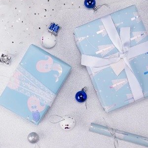 Blue Metallized Eco-Friendly Recyclable Art PE Gift <b>Wrap</b> <b>Rolls</b> Mermaid Christmas Tree Dots Birds Snowflakes Design Double-Sided - Product Image 2
