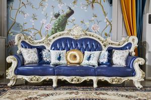 रॉयल नई मॉडल कमरे में रहने वाले सेट बड़ा ठोस लकड़ी के फ्रेम नक्काशीदार नीले शुद्ध चमड़े के सोफे - Product Image 3