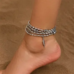 Kadınlar için Bohemian yaz plaj çok katmanlı boncuklu halhal yaprak Pedant ayak bileği bilezik kadın mücevheratı (KAN461)