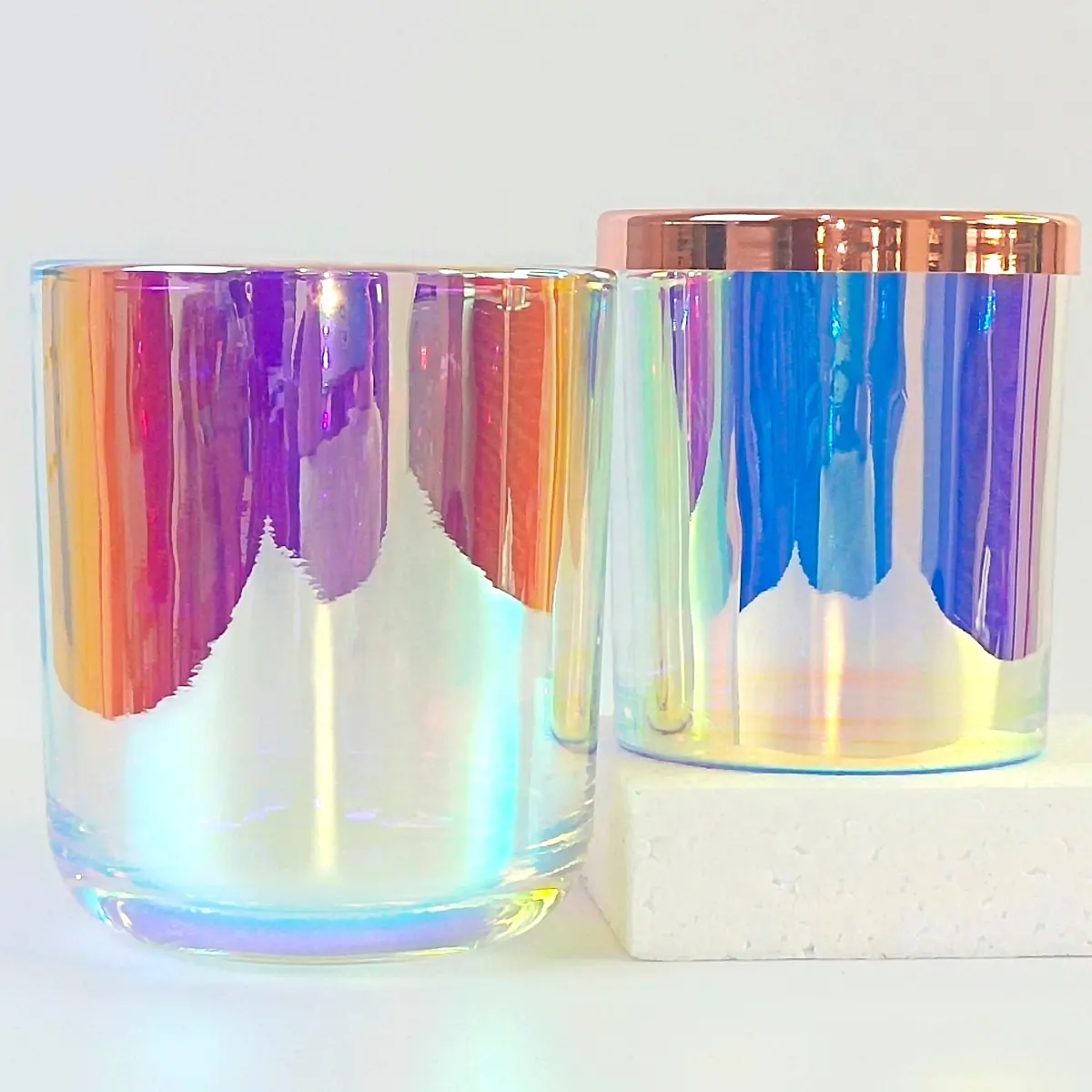 Tarro de vela de vidrio iridiscente con tapa, tarros de vela vacíos populares para hacer velas