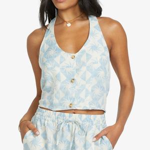 Traje de Mujer de Alta Calidad, Estampado Hawaiano, Shorts, Cuello Halter, Dos Piezas, Conjunto de Lino Personalizado OEM - Product Image 5