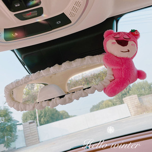 Qi Yiran <b>Car</b> Rearview Mirror Cover Plush Strawberry Bear Protector Interior <b>Accessory</b> <b>For</b> <b>Women</b> - Product Image 1