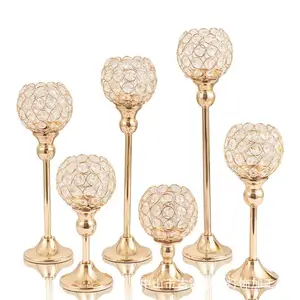 Porte-bougie votif en métal doré, pilier perlé en cristal pour Bouquet artificiel Vase bougie centres de table