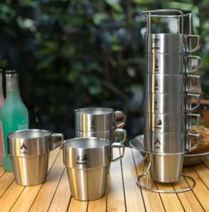 Double Coffee Cup Stackable Stainless Steel Camping Cup Mini Cup with Base <b>Bracket</b> - Product Image 5