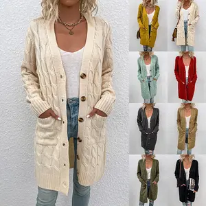 Großhandel Mode 8 Farben Elegante V-Ausschnitt Langarm Einfarbig Dicke Frauen Lange Strickjacke Pullover
