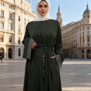 9.9 Latest Dress Loose Shiny Diamonds Sleeves Front Zipper With Hidden Tassel Belt With Pockets Popular Eid Women Dress 6758# - Product Image 2