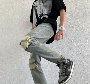 工厂新款撕裂彭特风格库存送货男士复古宽松直拉链袖口自行车手紧身牛仔裤 - Product Image 5