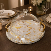 Assiette à gâteau ronde en mélamine, style luxe léger, motif marbre doré, avec couvercle en plastique transparent, vente en gros d'usine