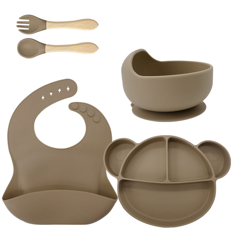 Couleur noyer [bavoir+assiette+bol+fourchette avec manche en bois]