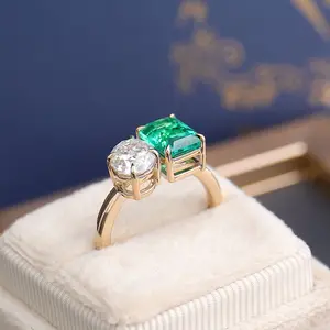 2 Ctw Oval moissanite & Emerald colombia Lab gemstone Toi et Moi Two Stone Ring 10k/14K/18K wedding ring for Valentine's Day