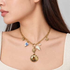 Mixed Charm Cluster Necklace Stainless Steel 14K <b>Gold</b> Vacuum Plated Enamel Ceramic 430 mm Plus 60 mm 22 g - Product Image 5