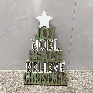Ornements de Noël en bois en forme de lettres, blancs et verts, avec paillettes, pour décoration d'arbre, style minimaliste, décoration de maison - Product Image 3