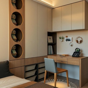 Minimalist Wall Bed Bedroom Wardrobe <b>Desk</b> <b>Bookshelf</b> Custom Furniture Set with Wood Panel Design - Product Image 2