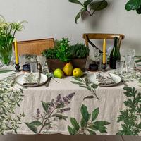 Nappe en lin naturel avec imprimés d'herbes fines, nappe à thème végétal, décoration de table botanique