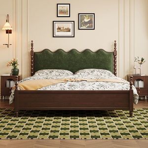 Vintage Style Solid Wood Upholstered <b>Bed</b> 1.8m Master Bedroom Double <b>Bed</b> Retro Wave Headboard American Soft Fabric Bedroom - Product Image 2