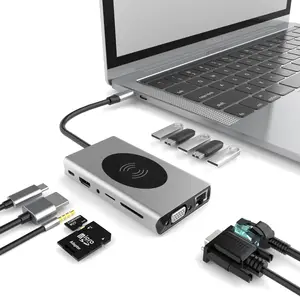 Tip c Macbook için Hub tüm 13 In 1 ile 5 USB 3.0 portu HDMI VGA Gigabit Ethernet ses SD TF kart okuyucu PD ve kablosuz şarj