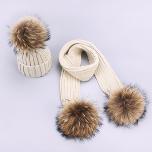 Wholesale Winter <strong>Women</strong> Kids' Genuine Raccoon Fur Ball <strong>Hat</strong> <strong>Scarf</strong> <strong>Set</strong> Knitted Plain Style Cartoon Pattern Real Fur <strong>Hats</strong> <strong>Scarf</strong> <strong>S</strong> - Product Image 5